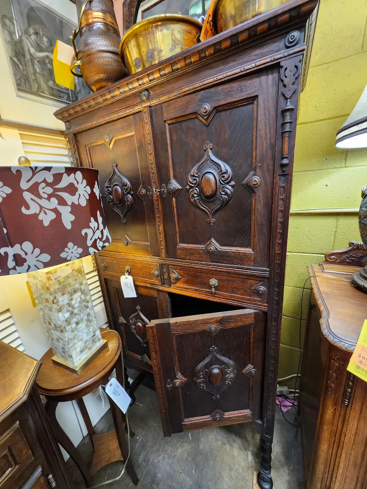 Tall Dark English Oak Barley Twist Cabinet 1