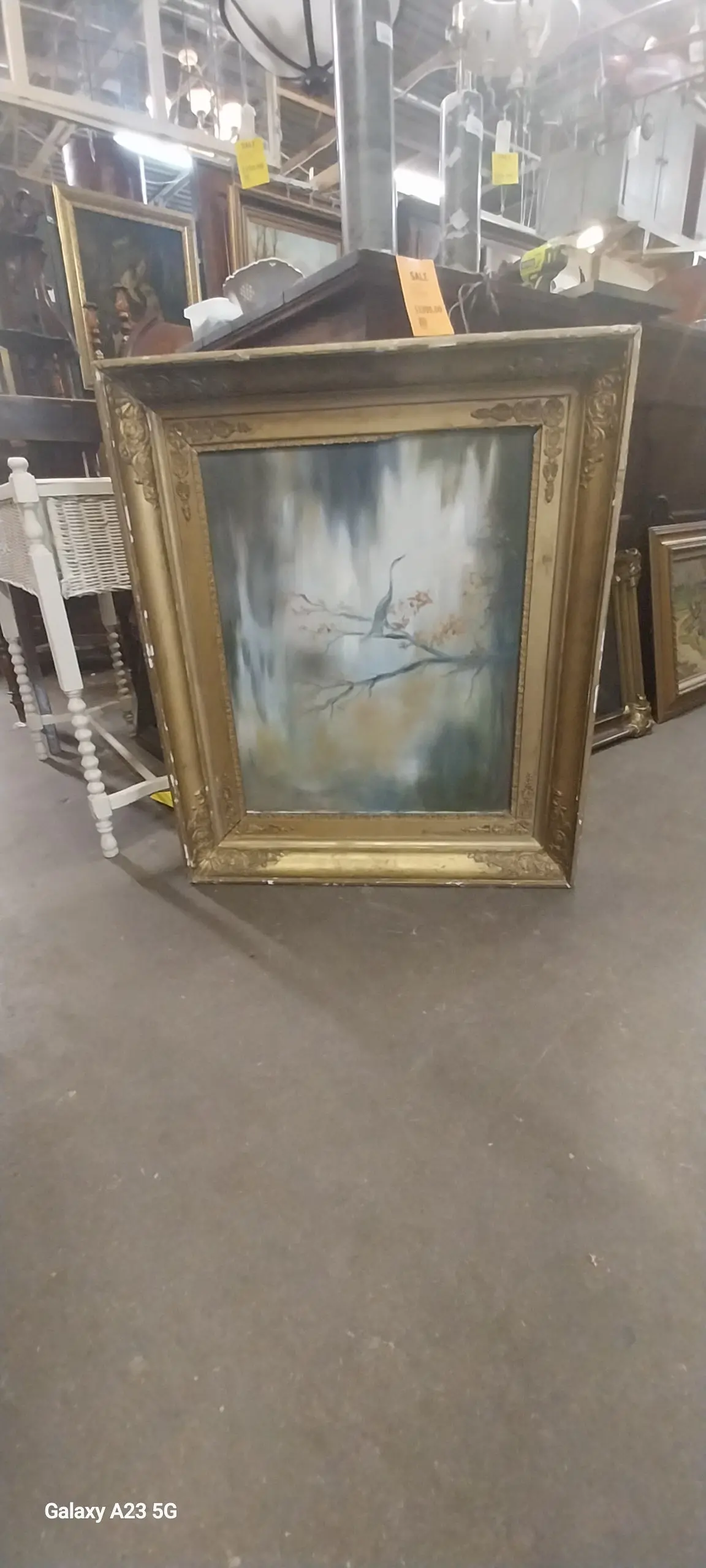 Gold Framed Oil Painting Of Crane On Tree Branch 1