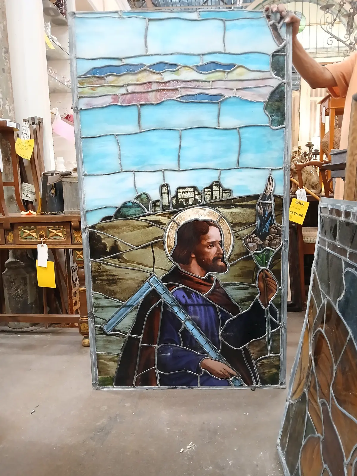 Large Painted And Stained Glass Window With With Joseph With Lily Ad Square  As Found 1