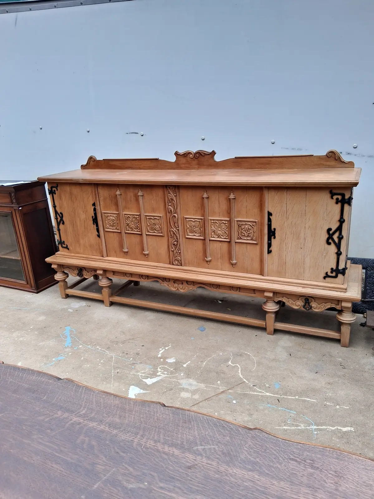 Large Rustic Oak Sideboard With Ornate Iron Hinges 1