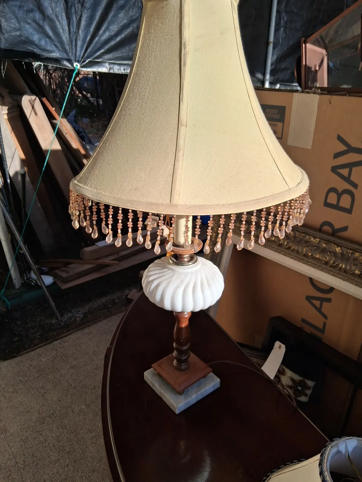 Milk Glass And Turned Wood Lamp With Marble Base With Shade 1