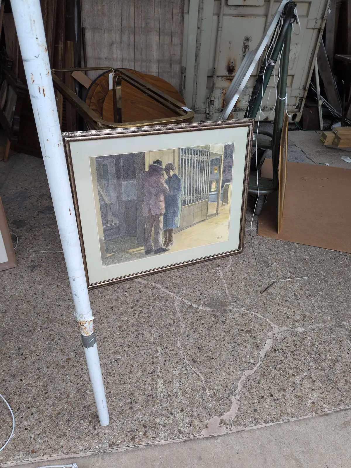 Framed Water Color Of A Man And Woman Conversing By A Storefront By George Kawkins 1