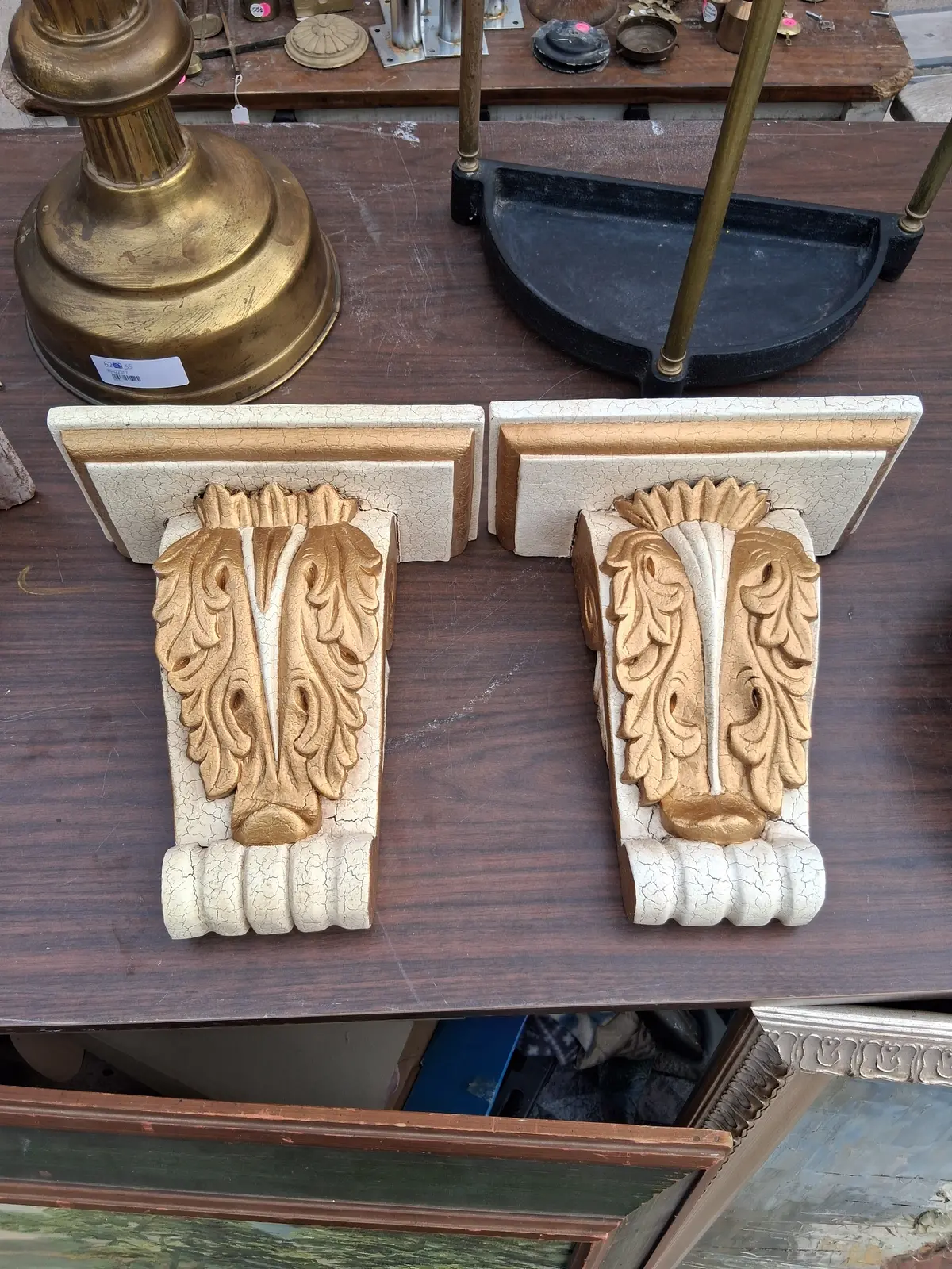 Pair Of Carved Wood And Painted Corbel Shelves 1