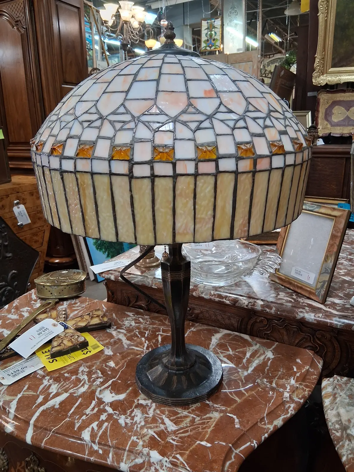 Pair Of Vintage Stained Glass Shade Lamps 1