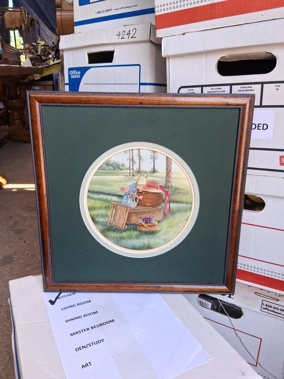 Round Oil Painting Of Picnic Baskets In Square Frame By Kay Lamb Shannon 1991 1