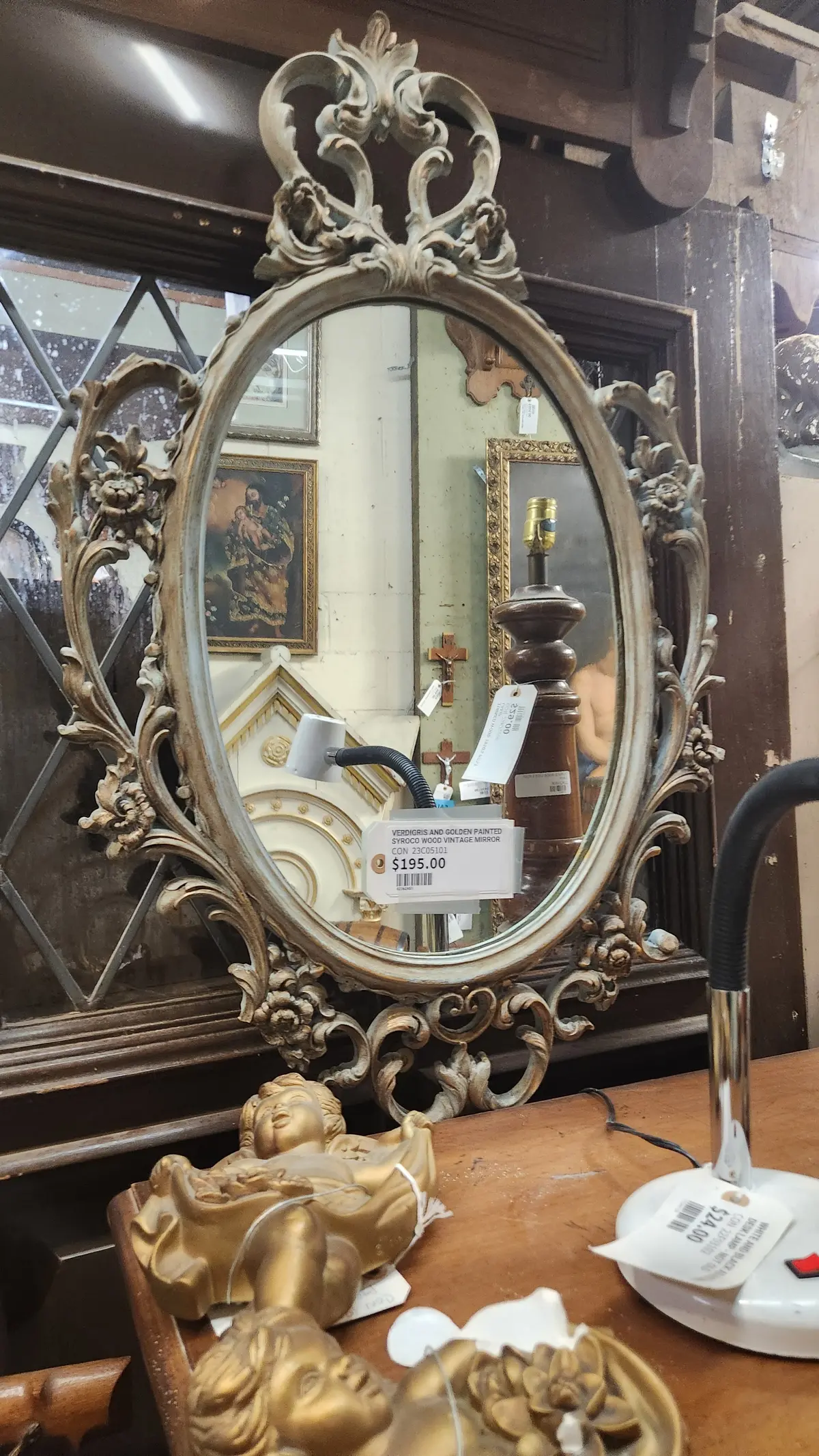 Verdigris And Golden Painted Syroco Wood Vintage Mirror 1
