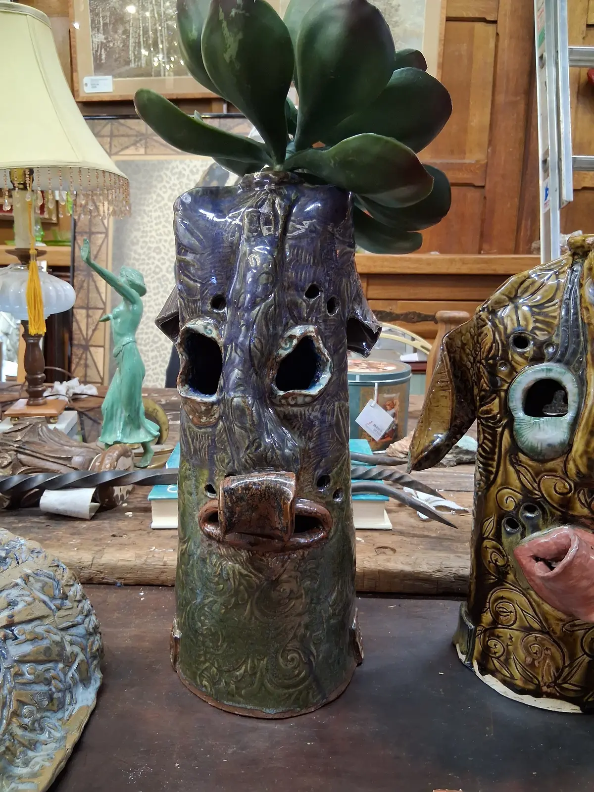 Tall Green Pottery Head With Tongue And Amyrellys By Terri Wilder 1