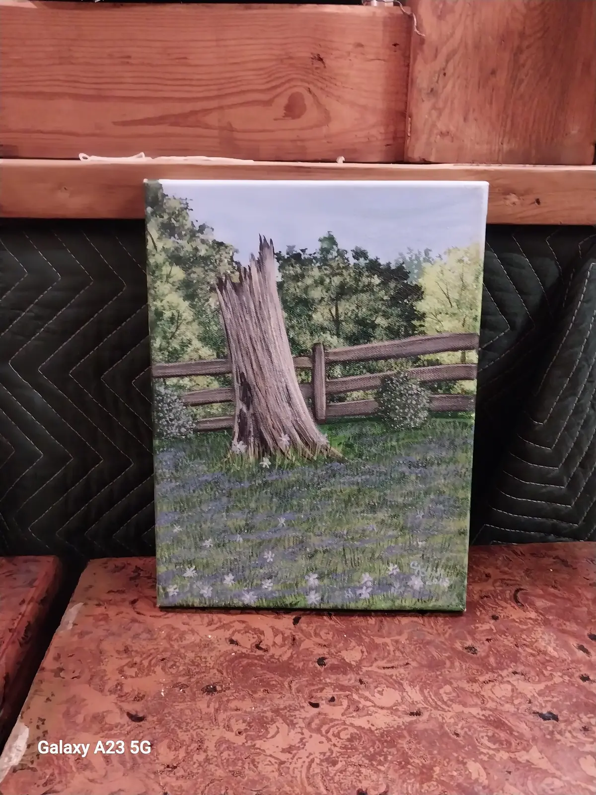 Small Unframed Oil Painting Of A Stump By A Fence 1
