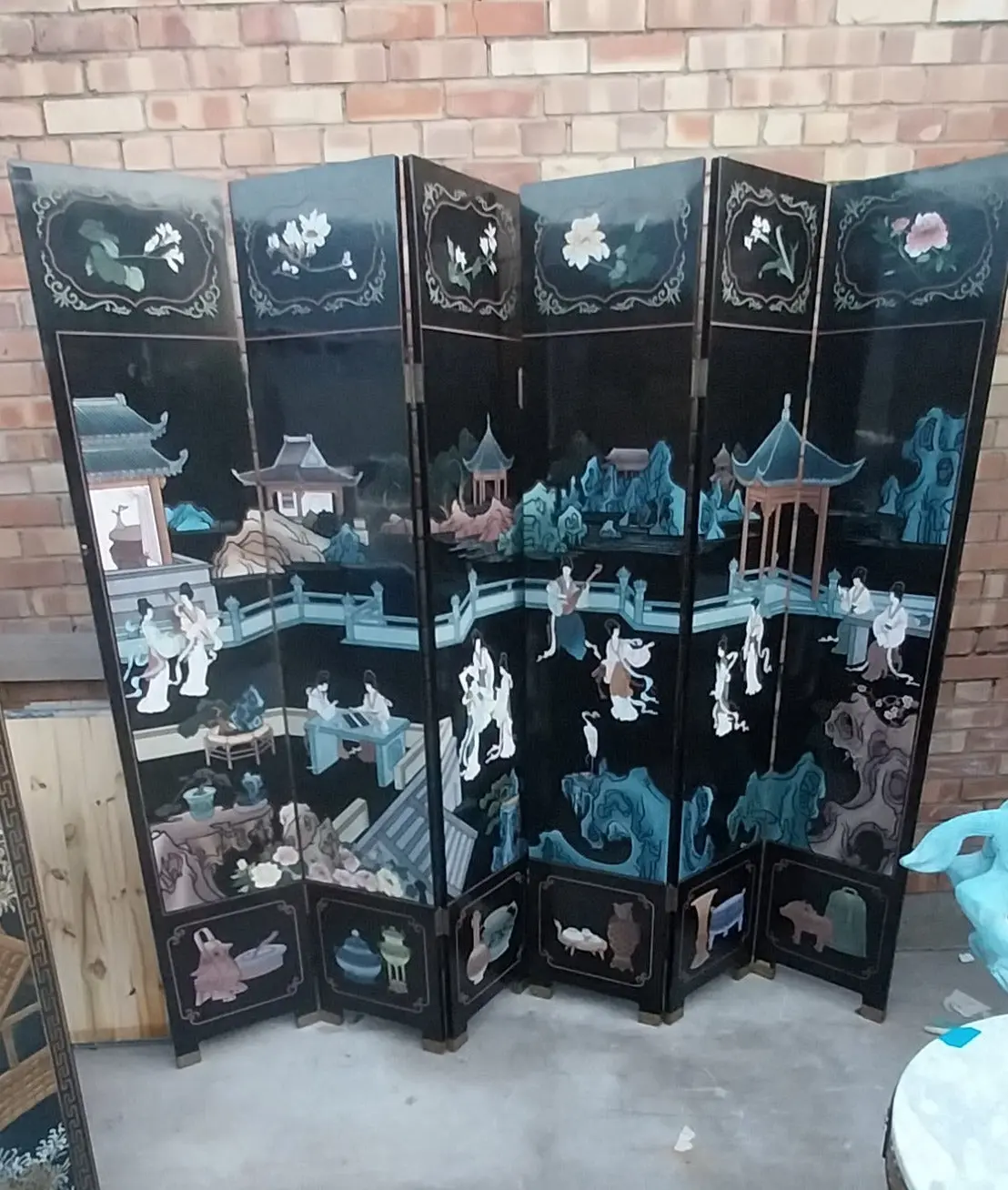 6 Panel Asian Screen With People And Pagodas 1