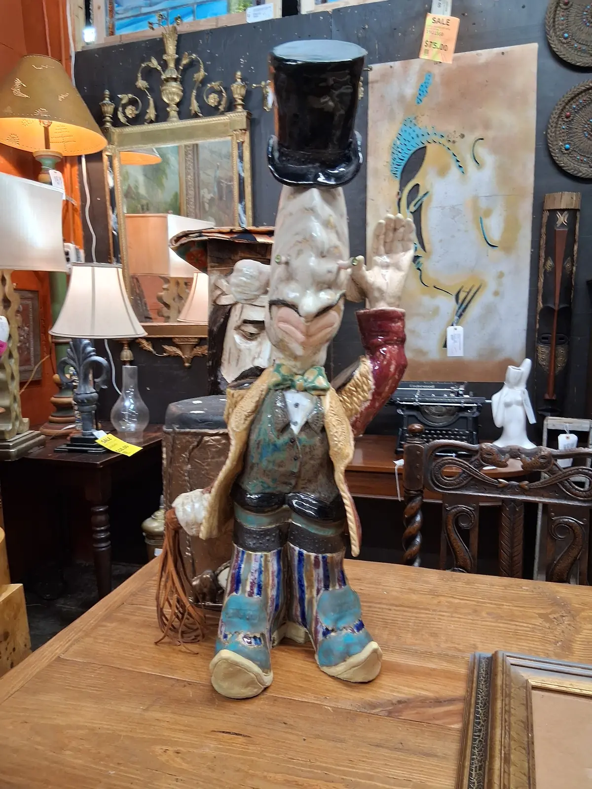 Large Bug Eyed Pottery Figure Waving By Terri Wilder 1