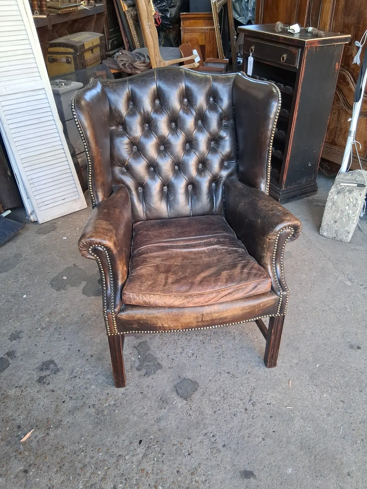 Distressed Leather Wingback Chinese Chippendale Chair 1