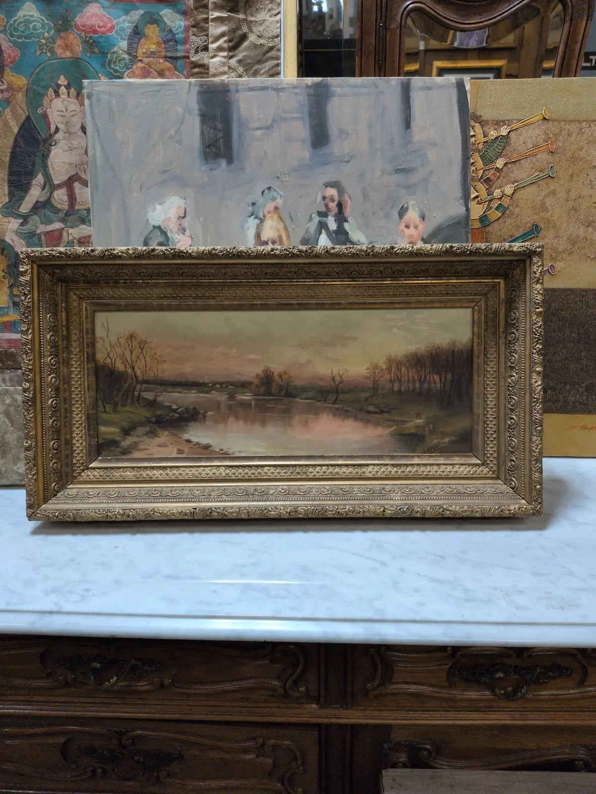 Gold Framed Oil Painting Of Trees Around Lake 1