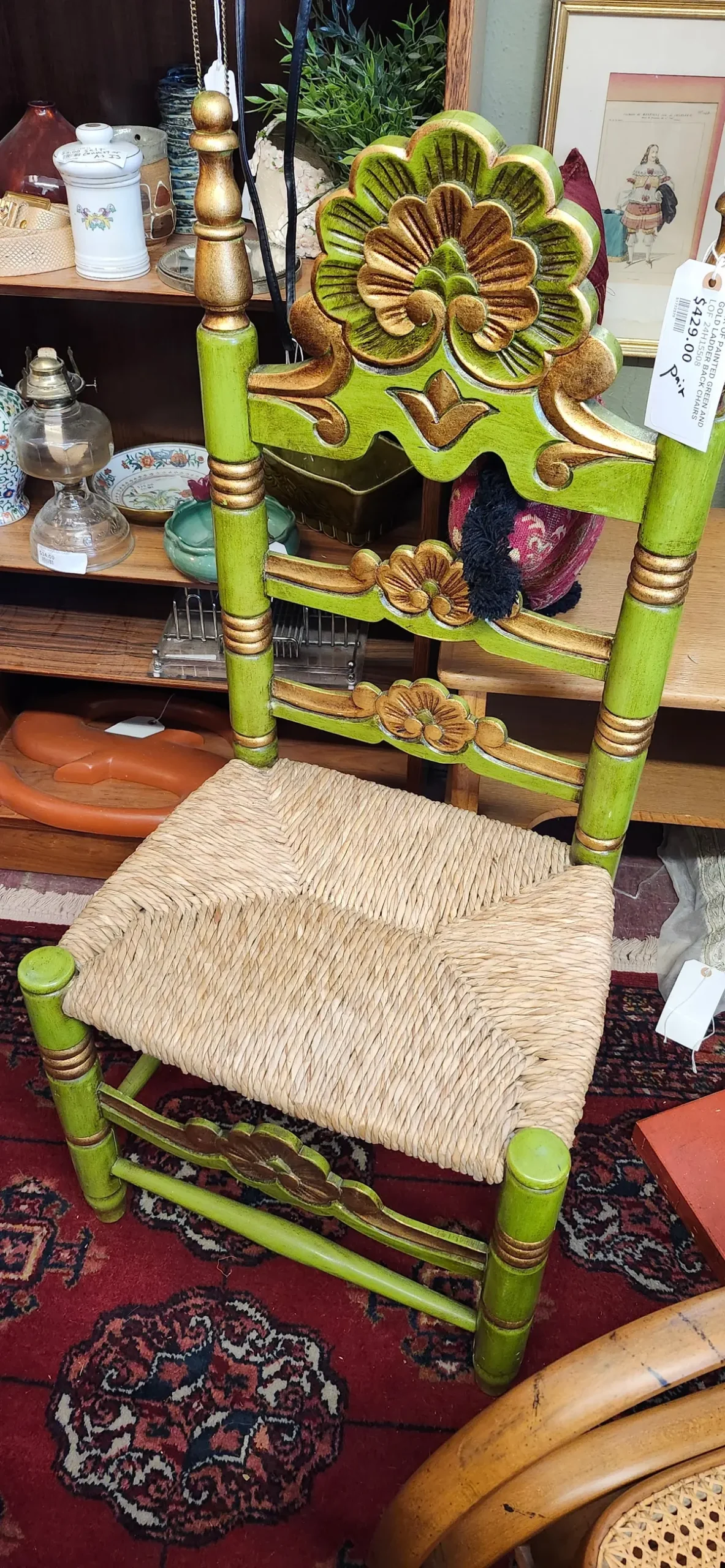 Pair Of Painted Green And Gold Ladder Back Chairs 1