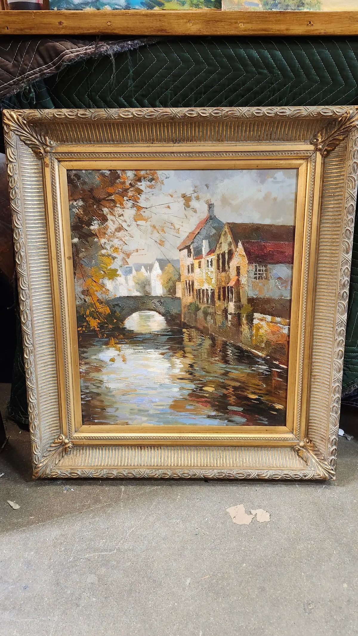 Vertical Gold Framed Canal Scene Vintage Oil Painting 1
