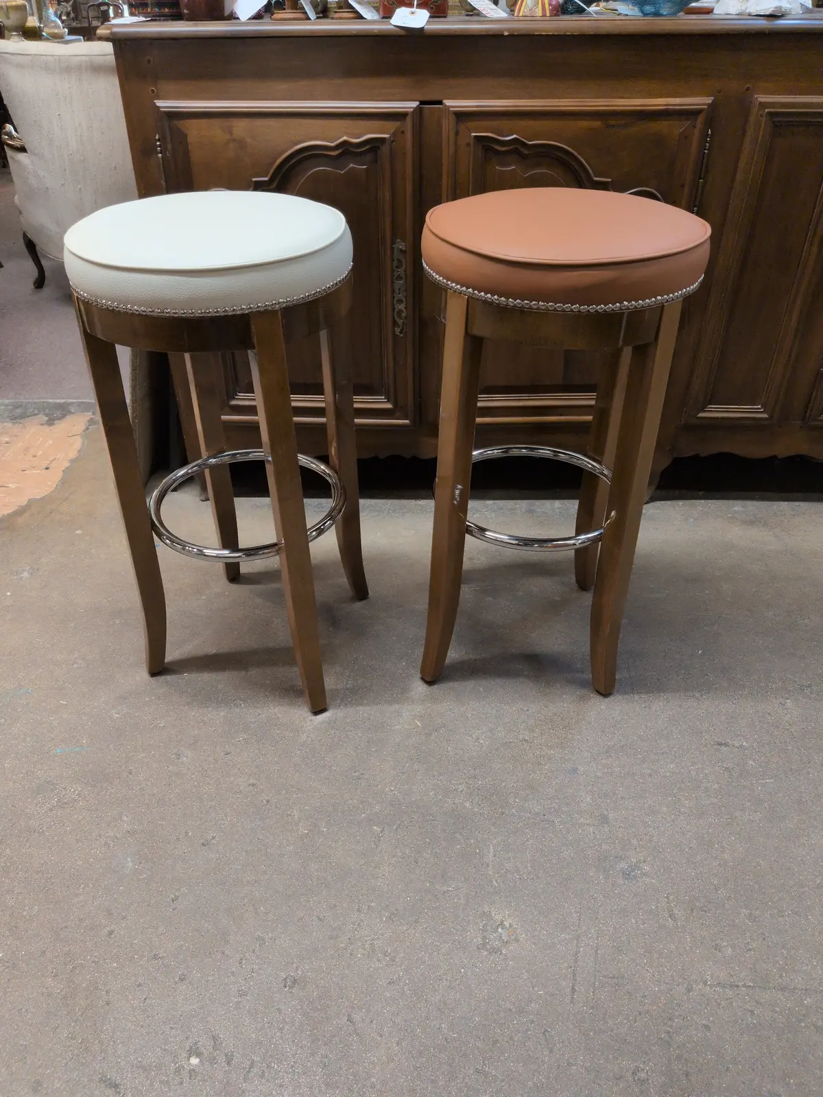 Pair Of Round Bar Stools  With Mismatched Color Leather Seats 1