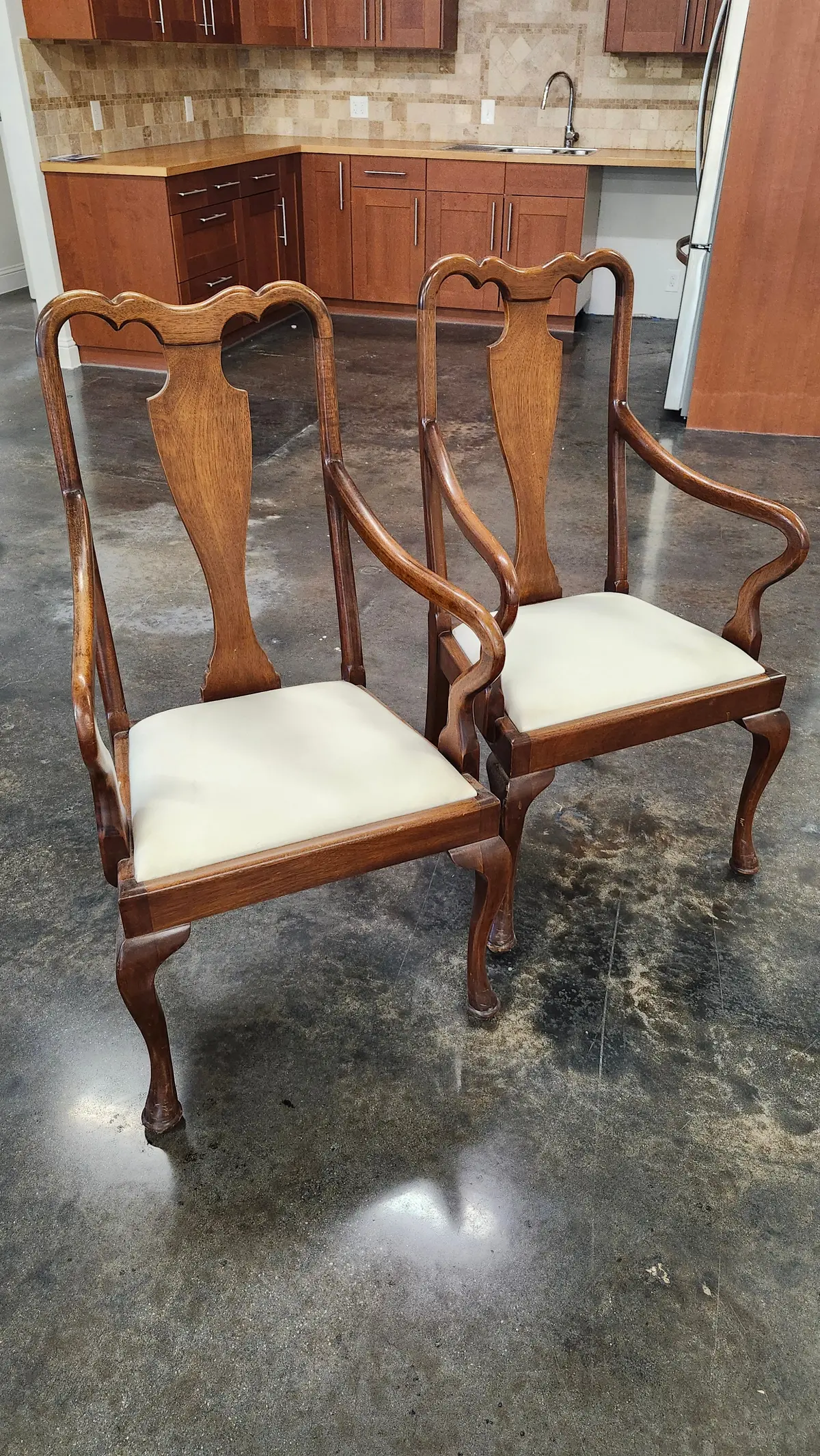 Pair Walnut Queen Ann Arm Chairs 1