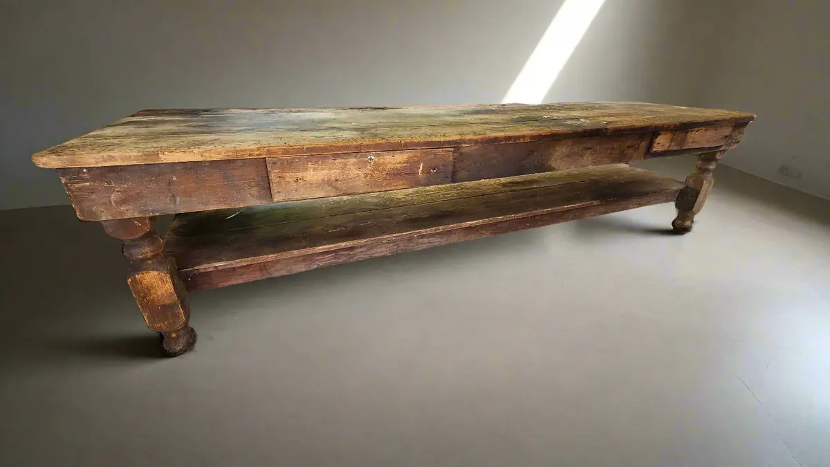 Long Low Work Table With Drawers And Stretcher Shelf 1