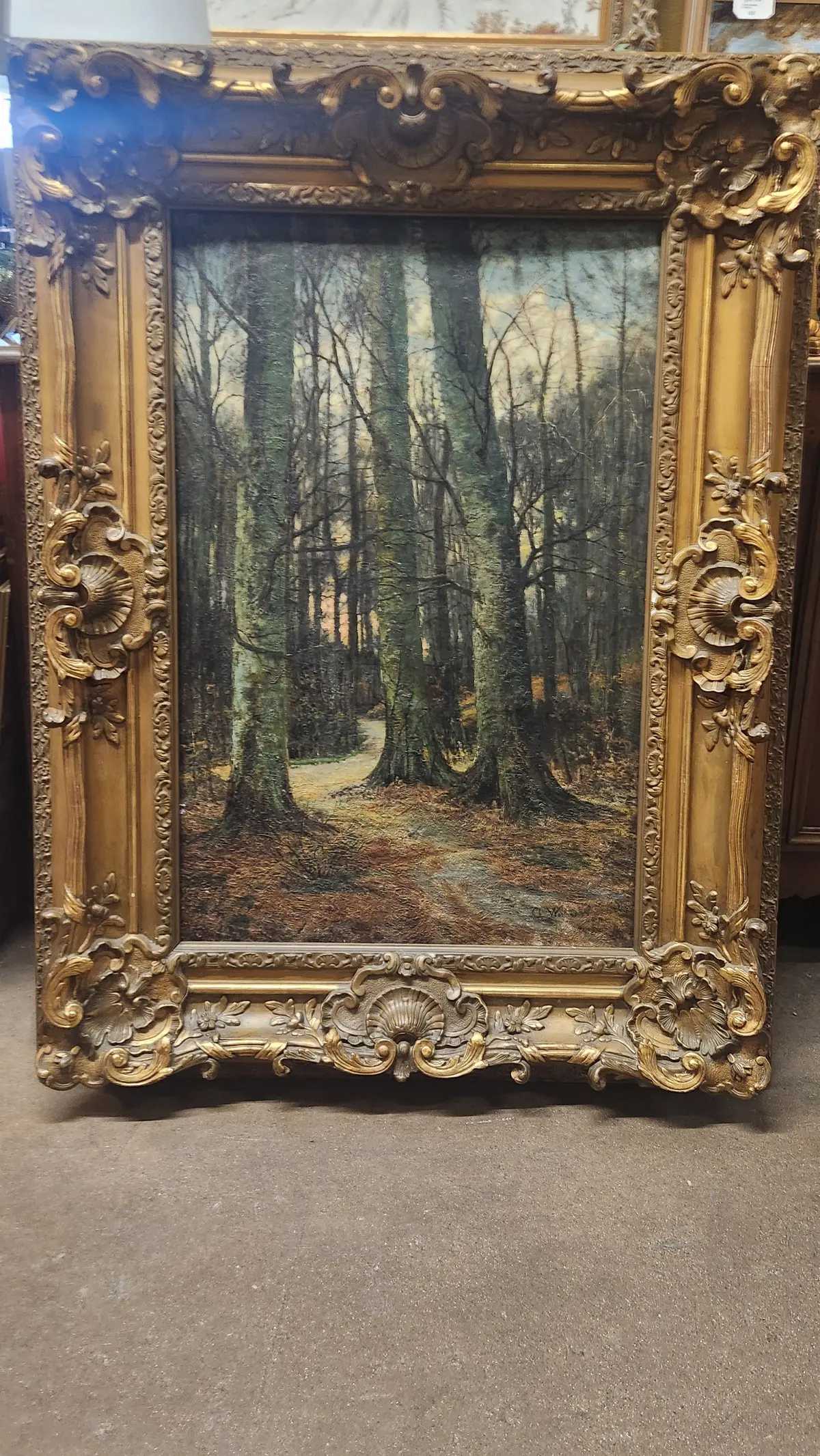 Large Sylvan Landscape Oil Painting In Gilt Frame 1