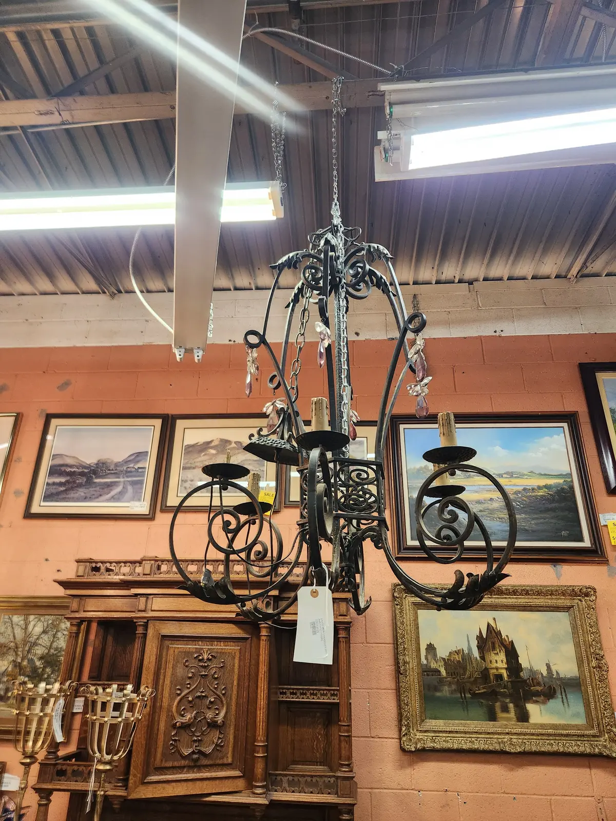 Large Iron Chandelier With Amethyst Prisms 1