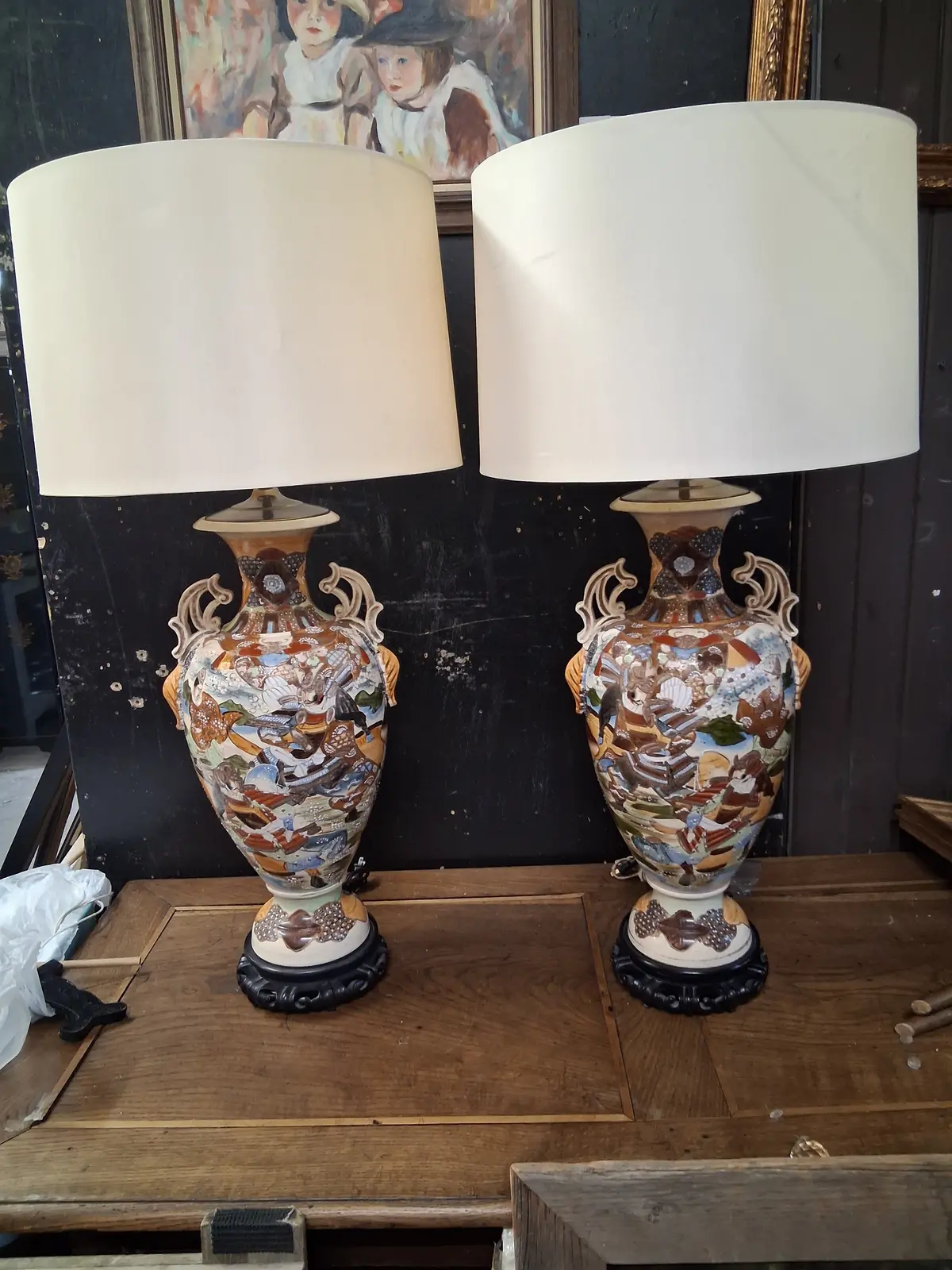 Pair Of Tall Satsuma Lamps With Shades - As Found Wood Base 1