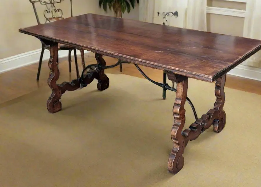 Spanish Trestle Table With Iron Stretcher 1