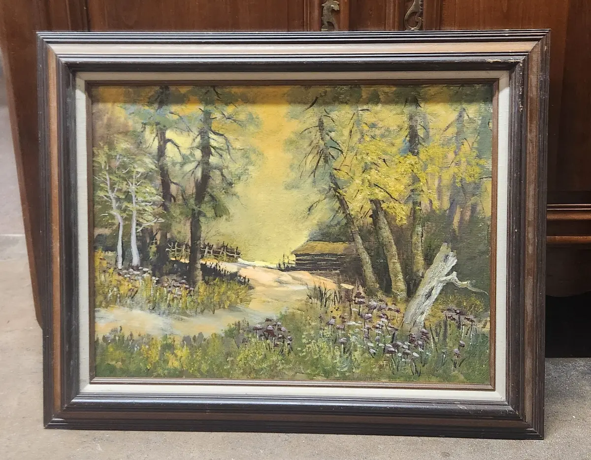 Landscape Oil Painting Of Cabin In Lush Forest 1