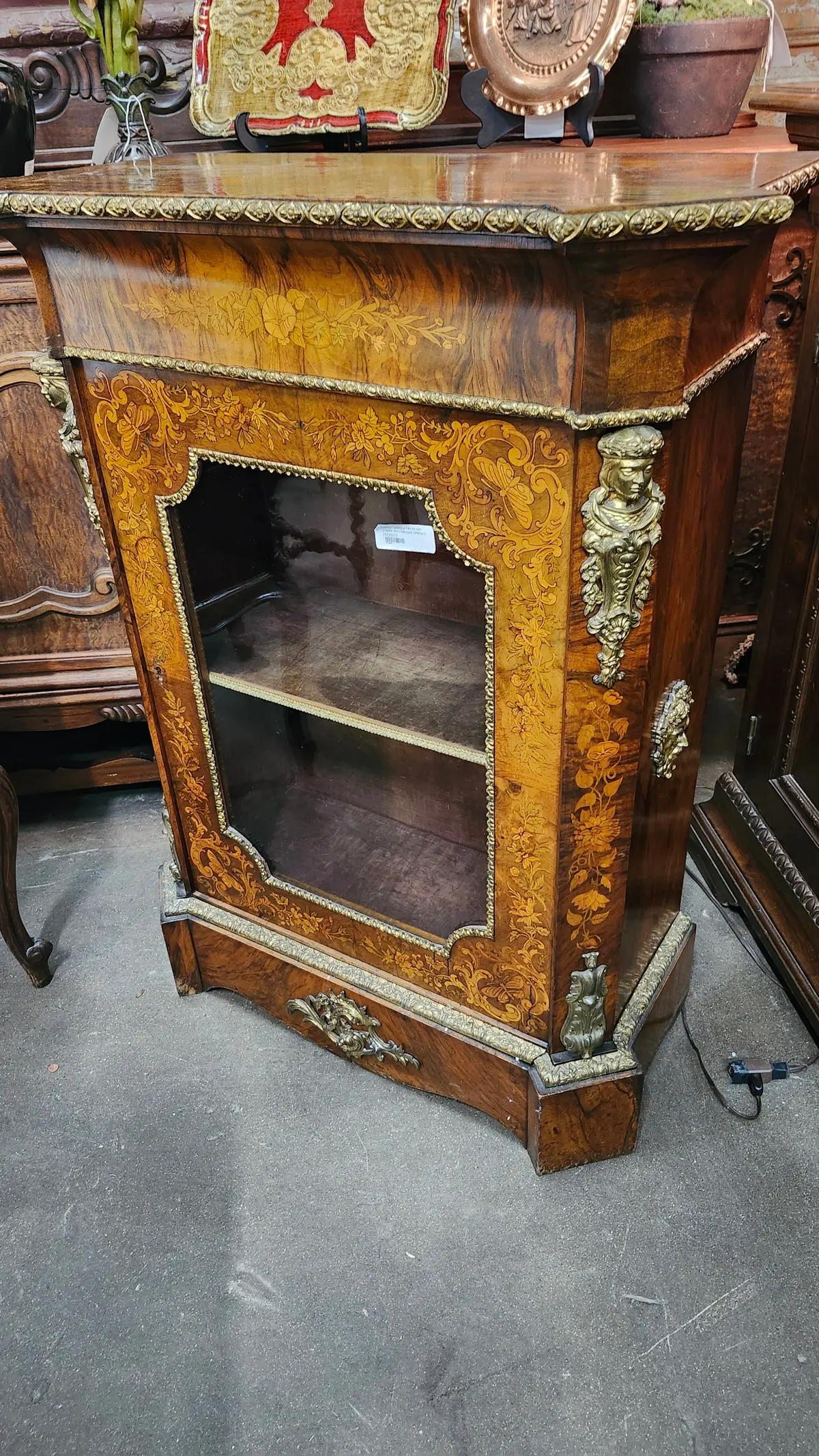 Walnut Marquetry Inlaid Vitrine Cabinet With Bronze Ormolu 1