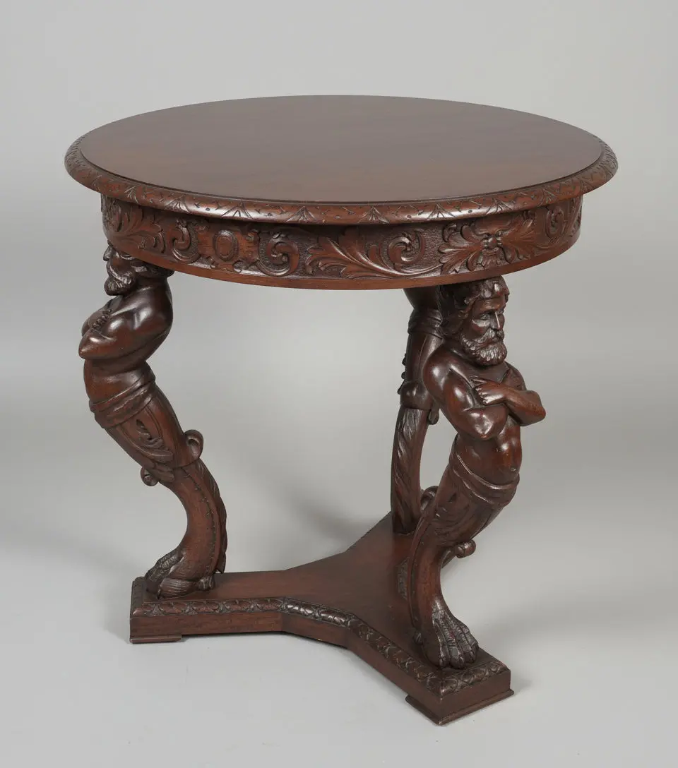 Dark Round Oak Atlantes Carved Lamp Table 1