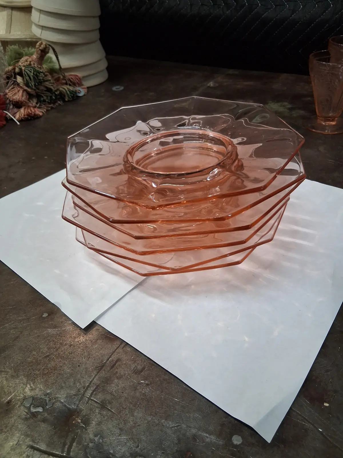 Set Of 6 Pink Depression Glass Octagon Lunch Plates 1