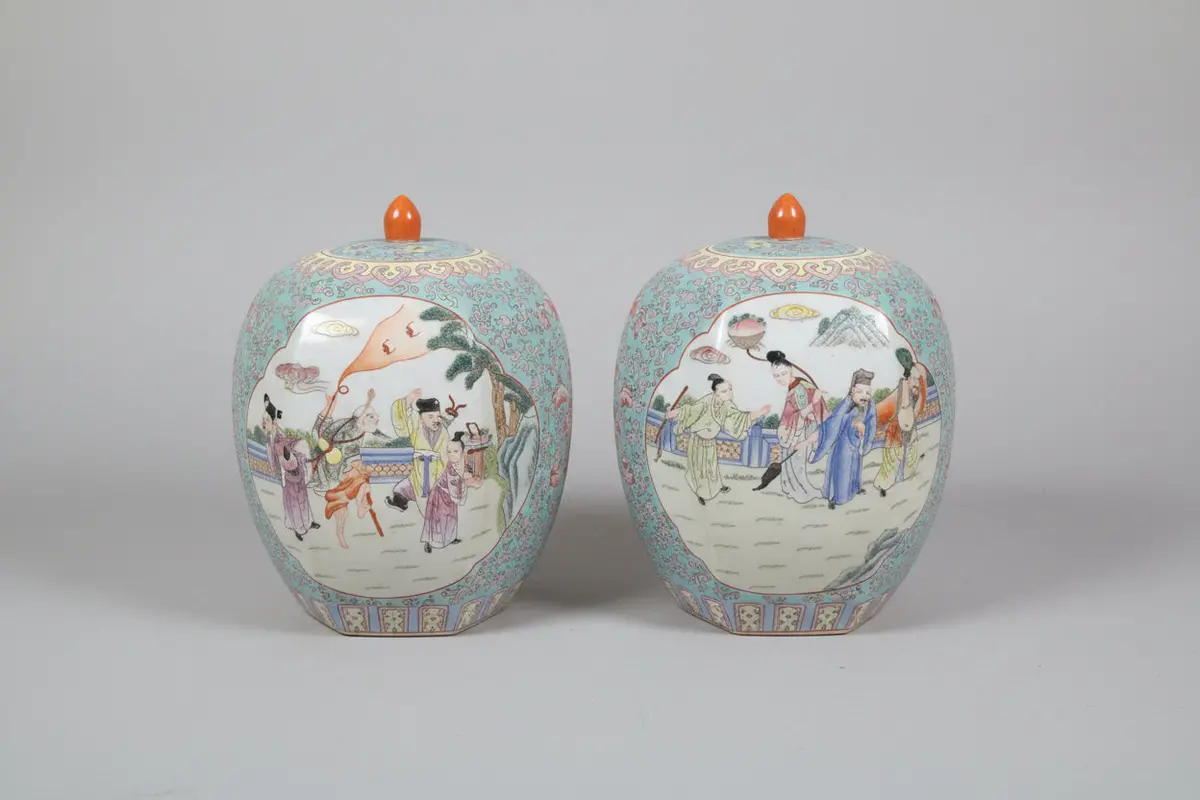 Pair Of Chinese Polychrome Melon Jars 1 Of 2 1