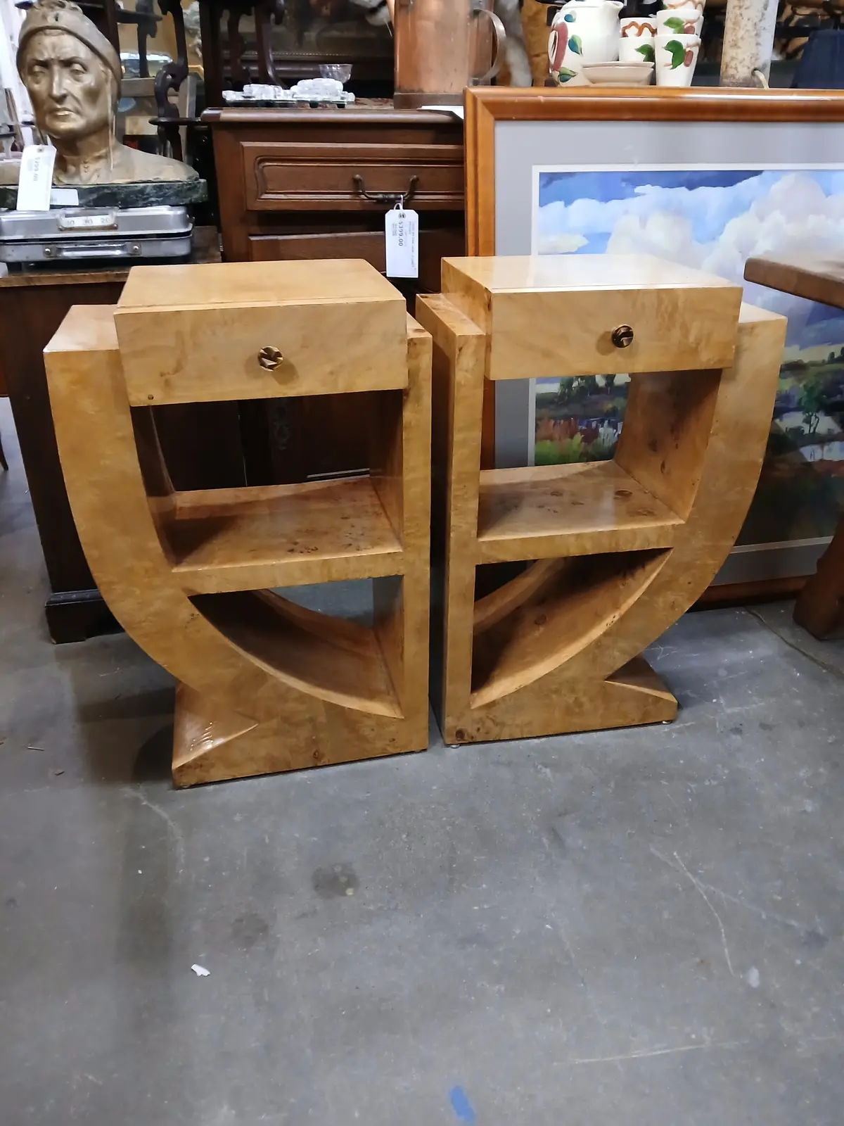 Pair Of Art Deco Birdseye Maple Curved Side Tables 1