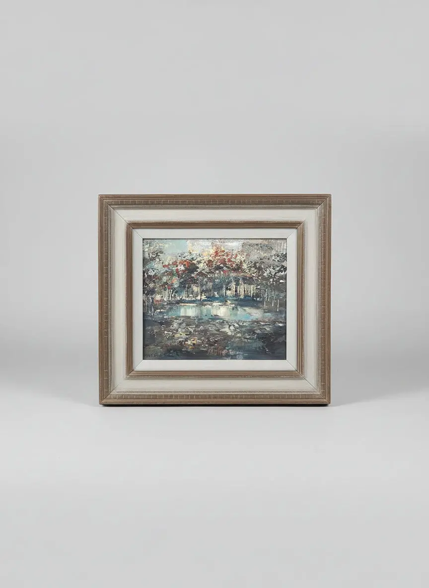 Framed Impressionist Oil Painting Of A Tree Lined Pond Signed David Brownlow 1