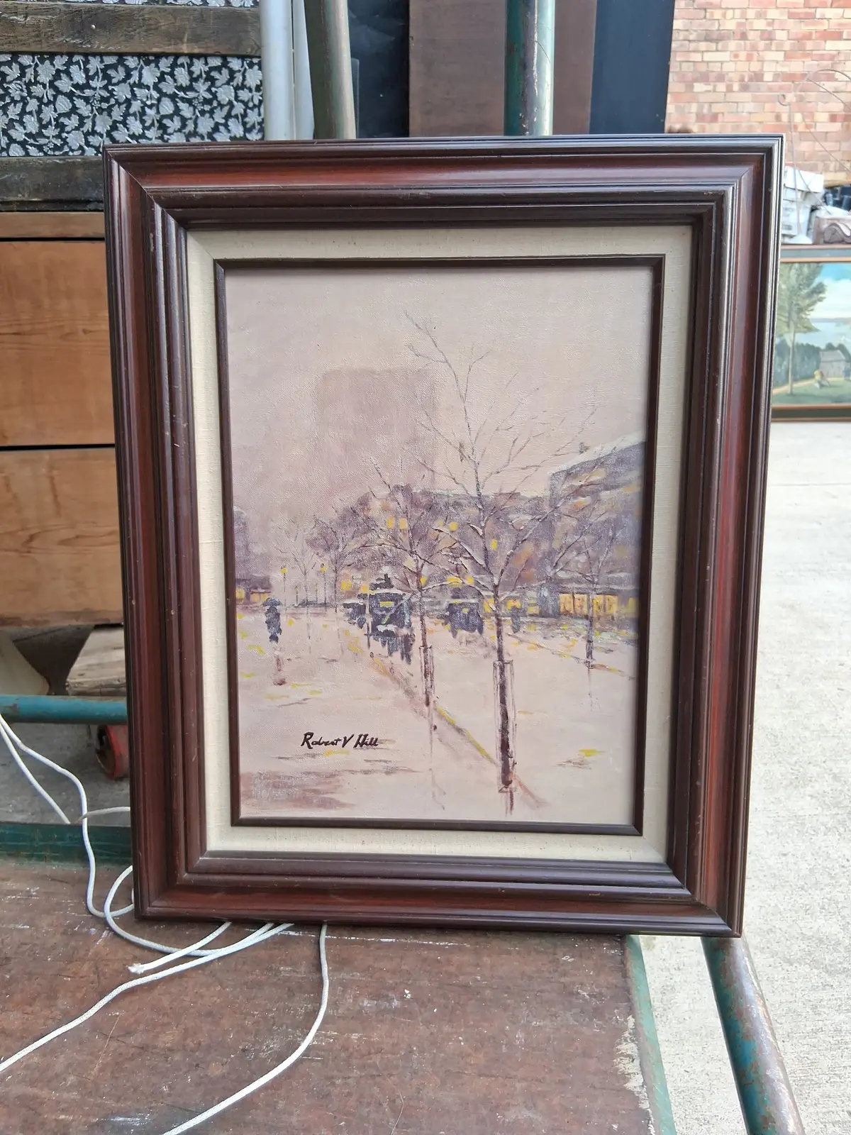 Framed Oil Painting Of Antique Cars On A Snowy Street 1