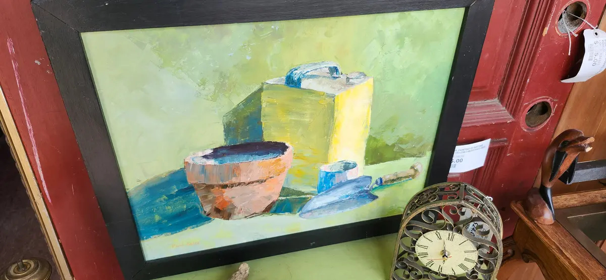Framed Oil Painting Of Potting Tool And Yellow Can By Paul Eree 1