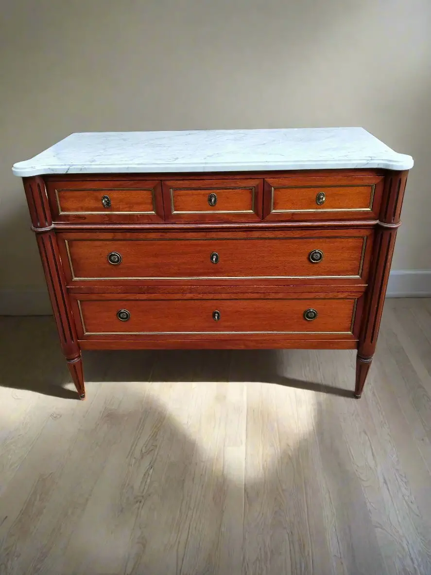 Louis Xvi White Marble Top 3 Drawer Mahogany Chest With Fluted Columns 1