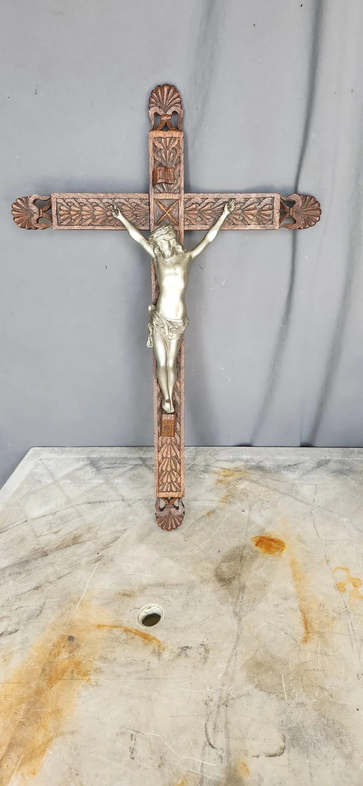 Carved Oak And Chrome Crucifix 1