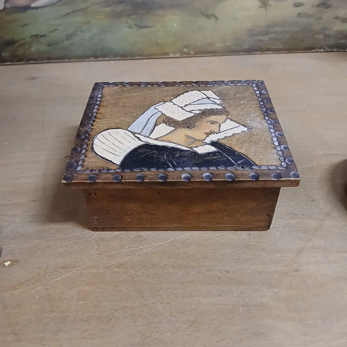 Wood Hinged Box With Painted Dutch Lady 1