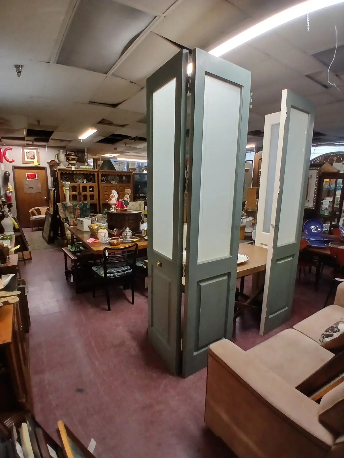 Pair Of Blue Painted Wood And Etched Glass Doors 1
