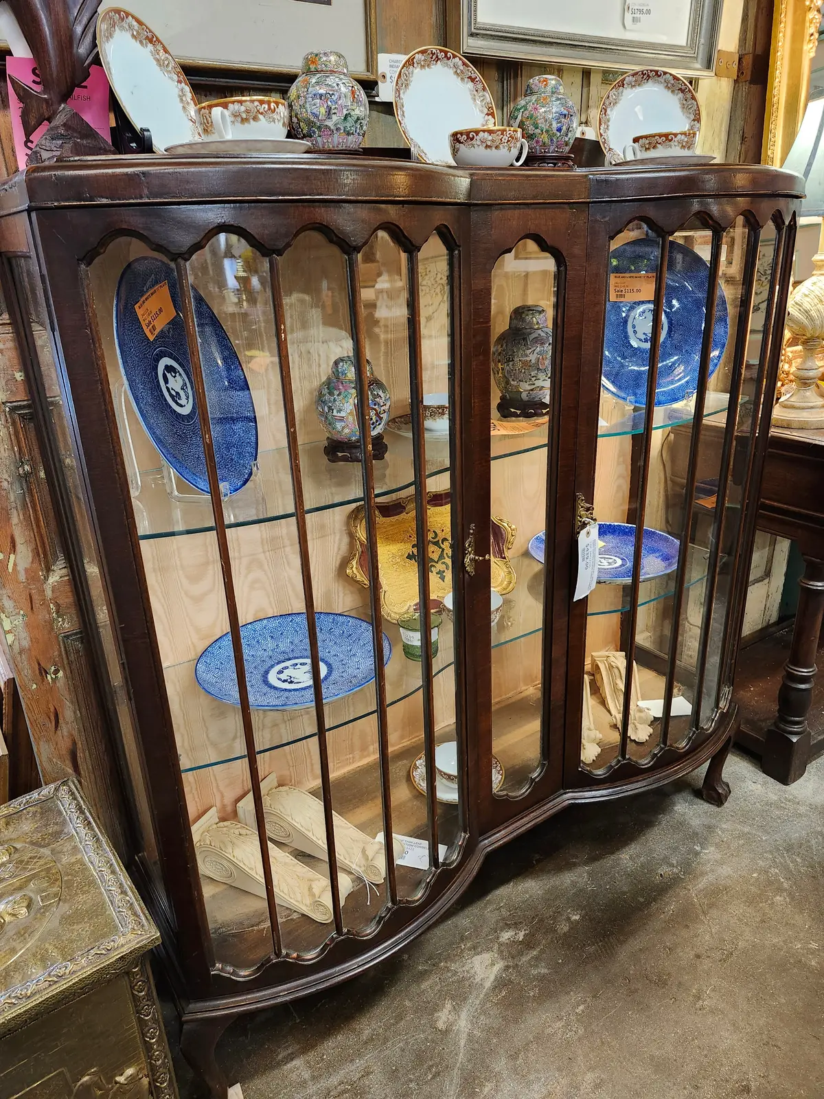 English Mahogany Ball And Claw Foot Curved Glass Curio Cabinet 1