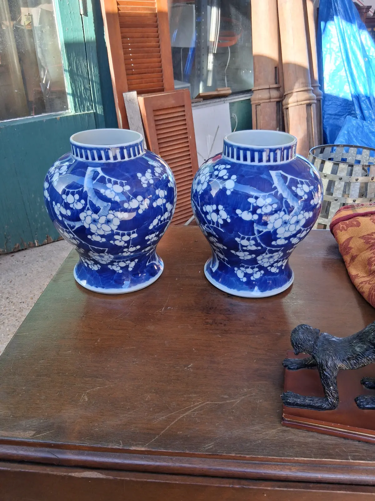 Pair Of Old Blue And White Ginger Jars 1