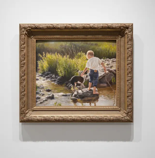 Framed Oil Painting Of A Boy And Dog By A Stream Signed Sherry Herrington Circa 1997 1