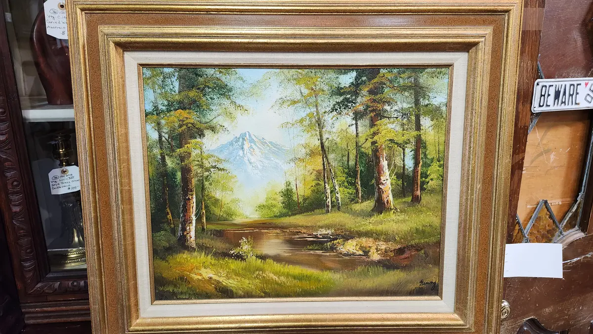 Framed Landscape Oil Painting Of Trees And A Mountain Signed Henry 1