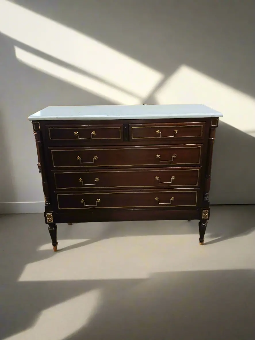 Shallow 5 Drawer Louis Xvi Mahogany Marble Top Chest With Brass Trim 1