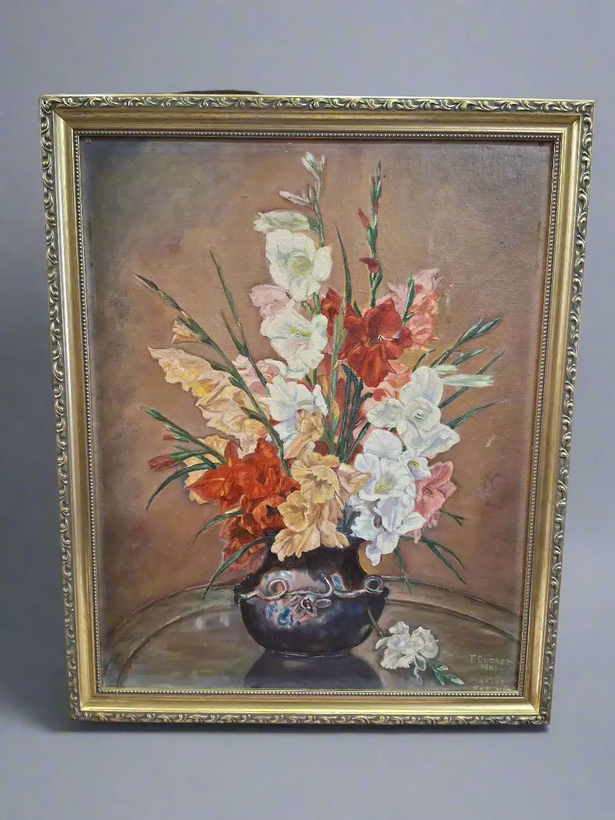 Gilt Framed Still Life Oil Painting Signed T. Booker 1961 1
