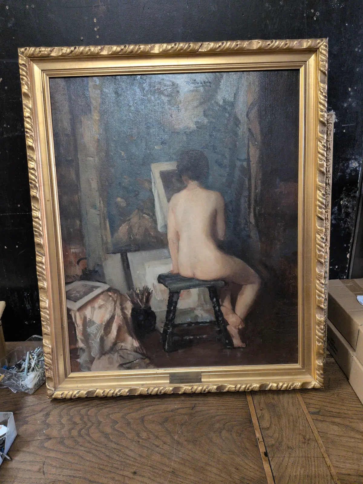 Gold Framed Oil Painting Of Woman Doing Art - Signed 1