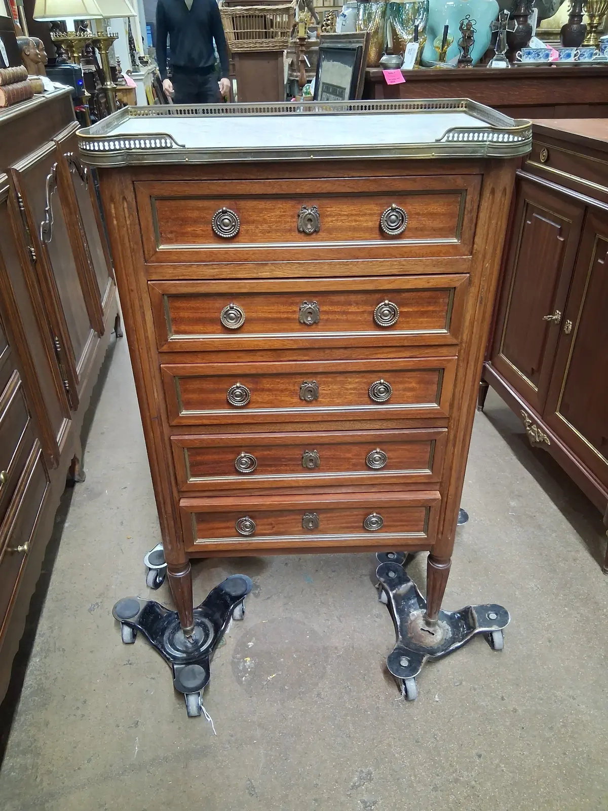 Louis Xvi Narrow 5 Drawer Chest With White Marble Top And Gallery Rail 1