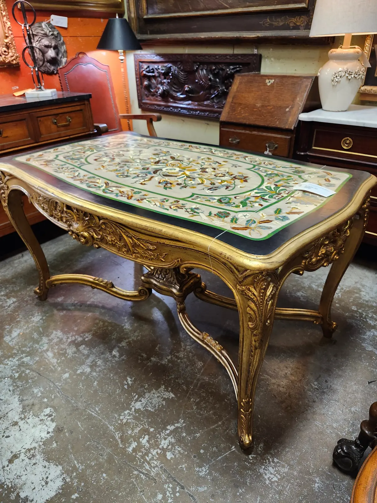 Louis Xv Carved Giltwood Table With Intricate Floral And Bird Inlay 1