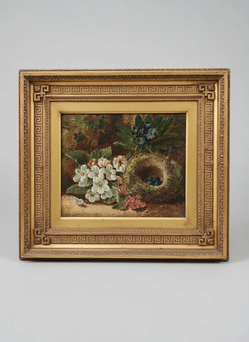 Small Framed 19Th Century Oil Painting On Canvas "The Nest" Signed E. Victor 1