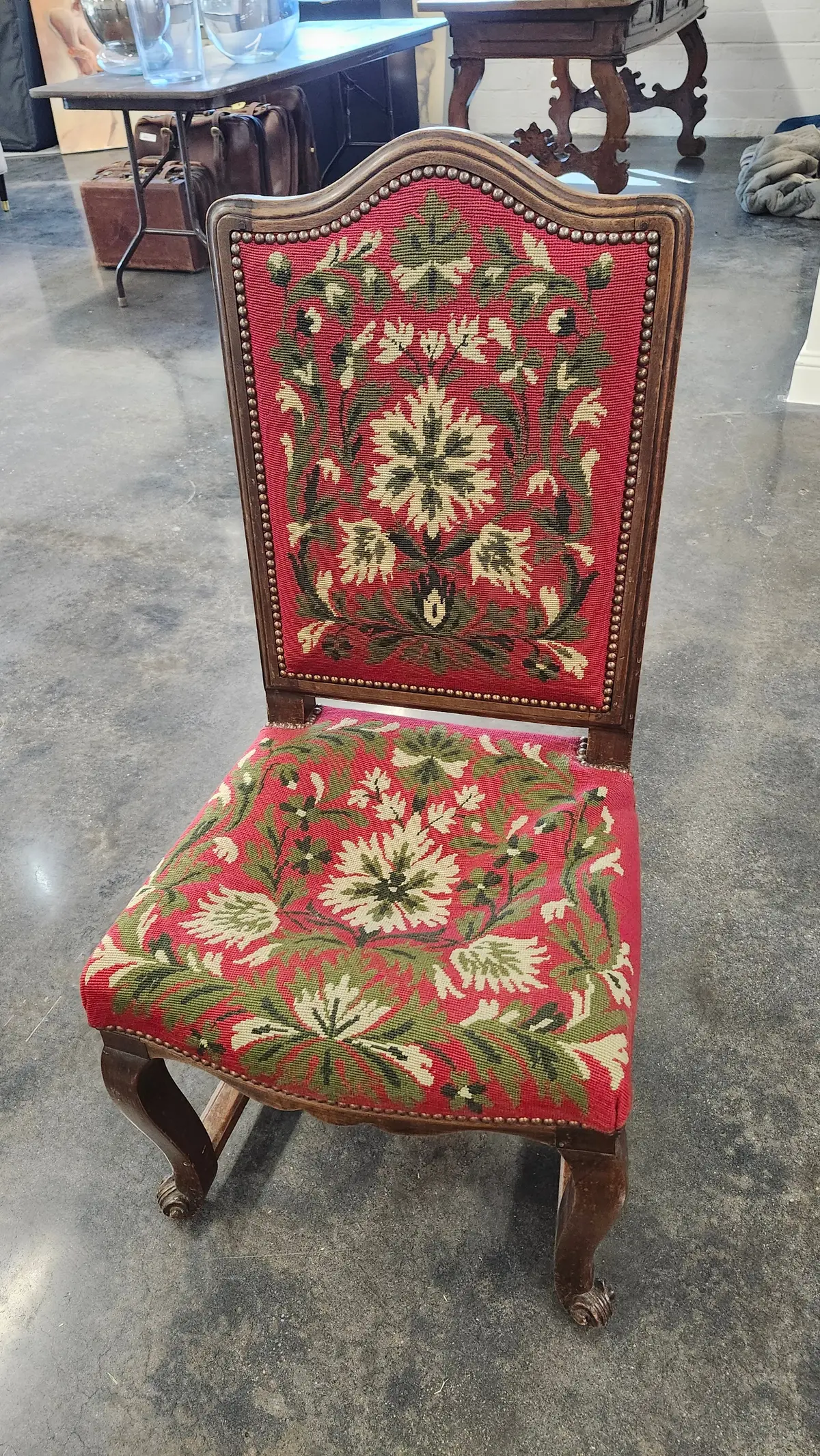 French Red Needlepoint Snail Foot Chair 1