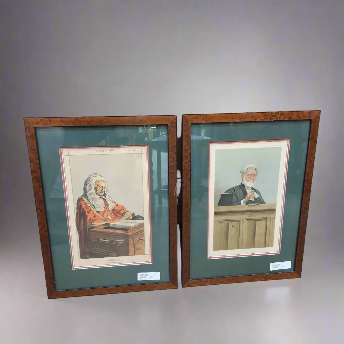 Pair "Sky" And Vanity Fair Judge Etchings In Burled Frame 1